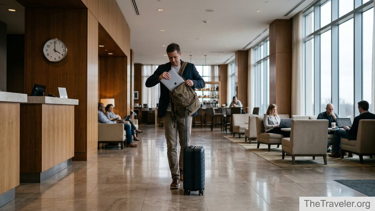 Business traveler leaving a Marriott hotel lobby near 4 p.m. with luggage and laptop.