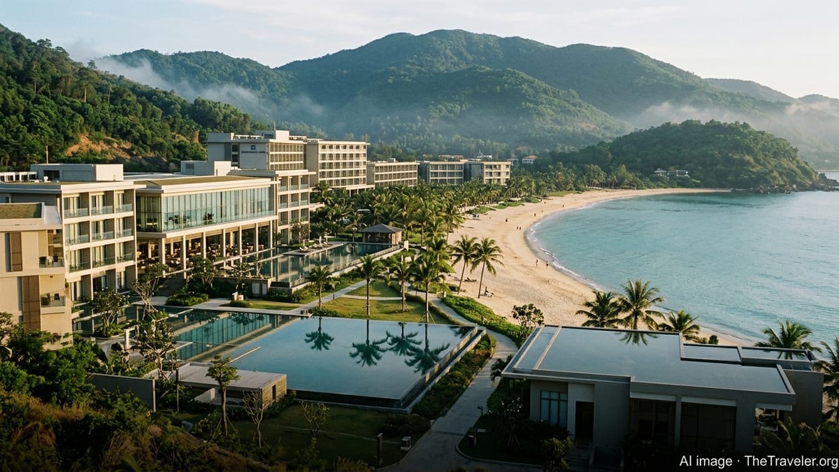 A modern beachfront resort complex in coastal Vietnam overlooking a calm turquoise sea at sunrise.