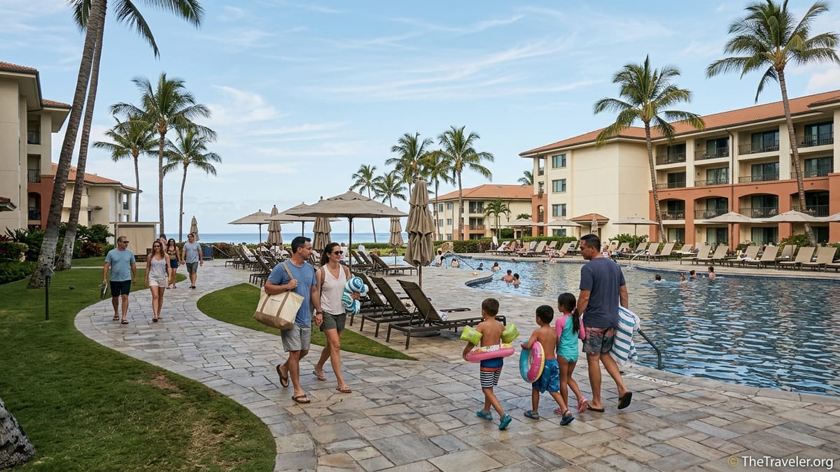 Guests walking past a pool at a palm lined Marriott style beach resort on a sunny day.