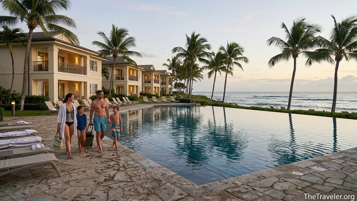 Family walking past pool toward villas at a beachfront Marriott Vacation Club resort at sunset.