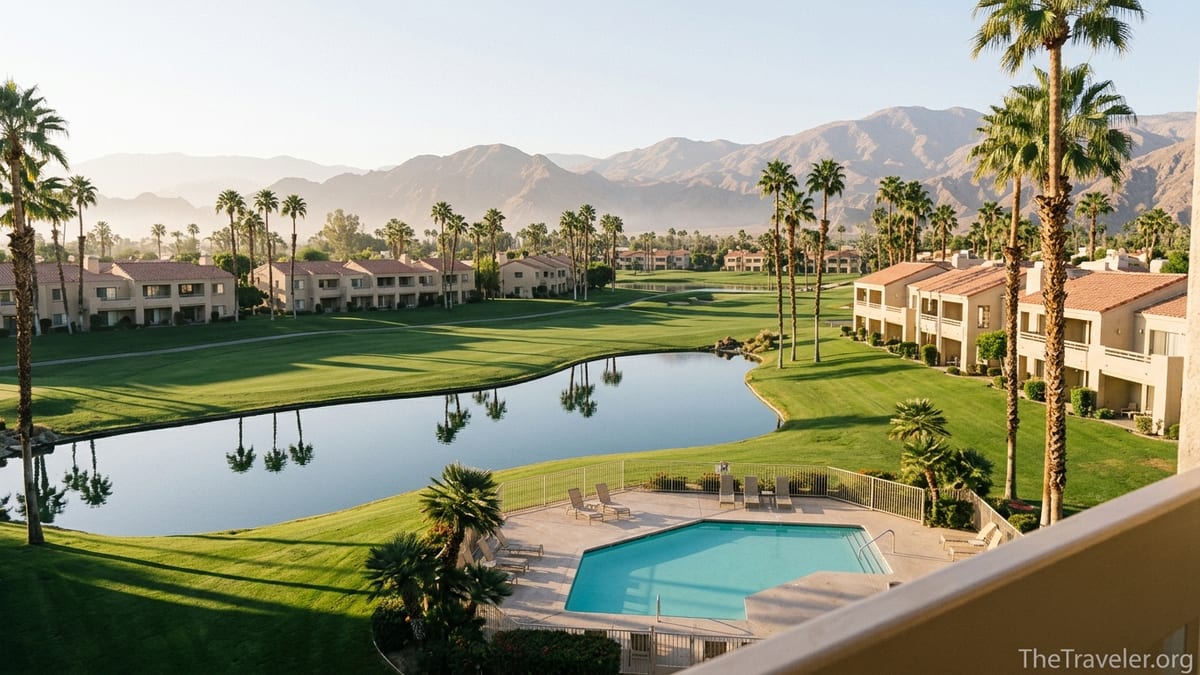 Sunrise over Marriott Vacation Club Desert Springs villas, golf course and palm trees in Palm Desert