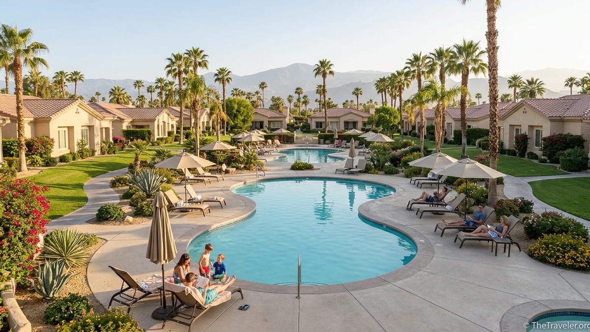 Pool and villa buildings at Marriott Vacation Club Desert Springs in Palm Desert at sunset.