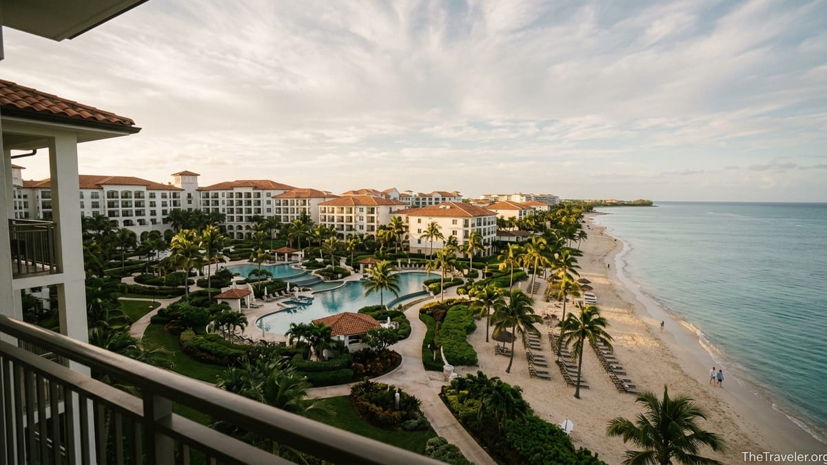 Sunrise over a tropical Marriott-style beachfront resort with pools, gardens and a calm turquoise sea.
