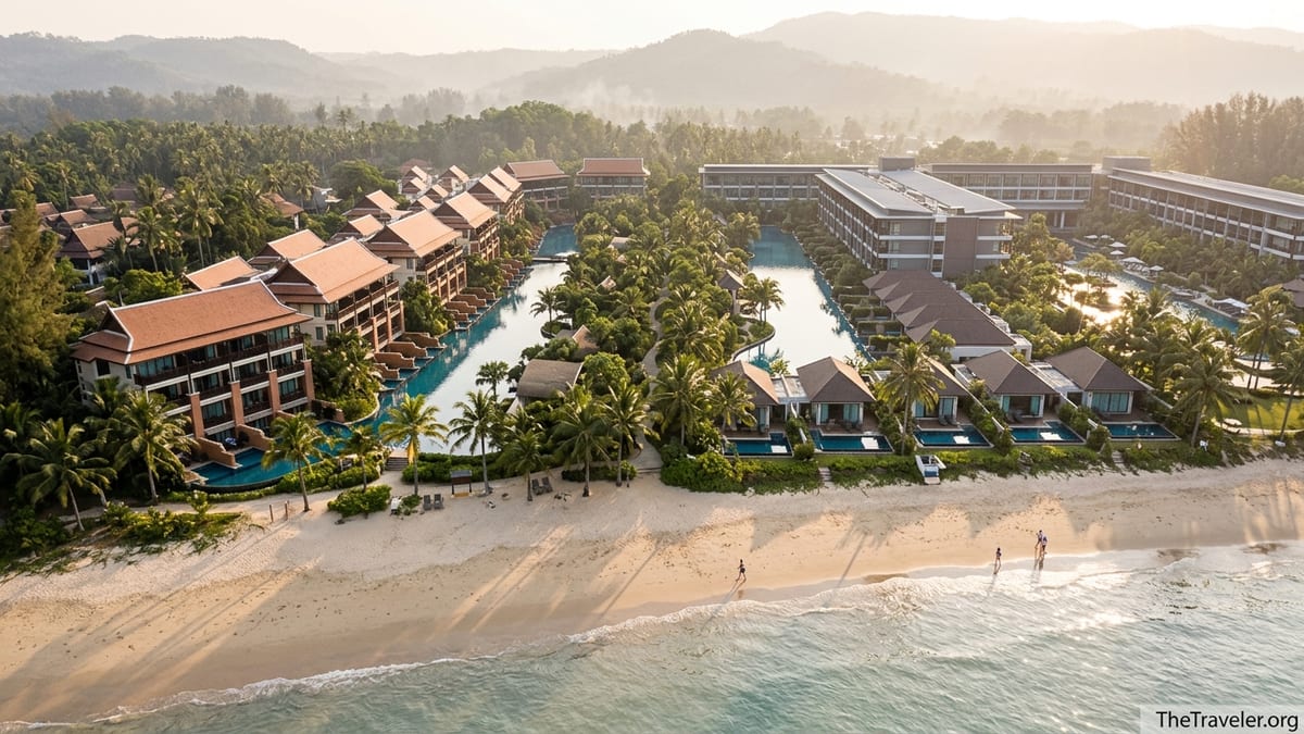 Aerial view of two connected lagoon pool beach resorts on Khuk Khak Beach in Khao Lak, Thailand at sunset.