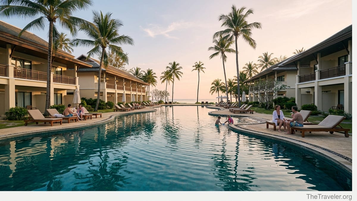Lagoon pool winding past palm-fringed buildings at Marriott Vacation Club Khao Lak at sunset.