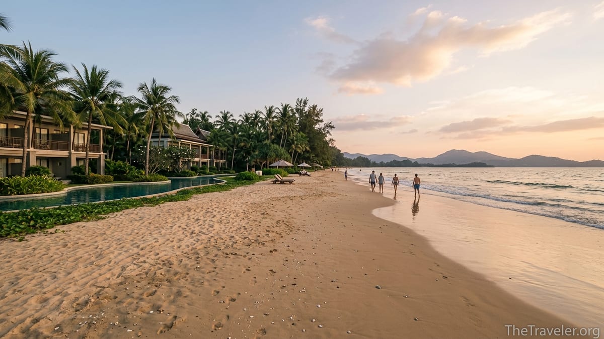 Khuk Khak Beach at Marriott Vacation Club Khao Lak with lagoon pool, palms and Andaman Sea at sunset.