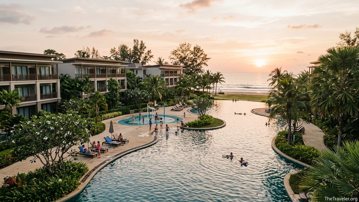 Lagoon pool and apartments at Marriott Vacation Club Khao Lak Beach Resort at sunset.