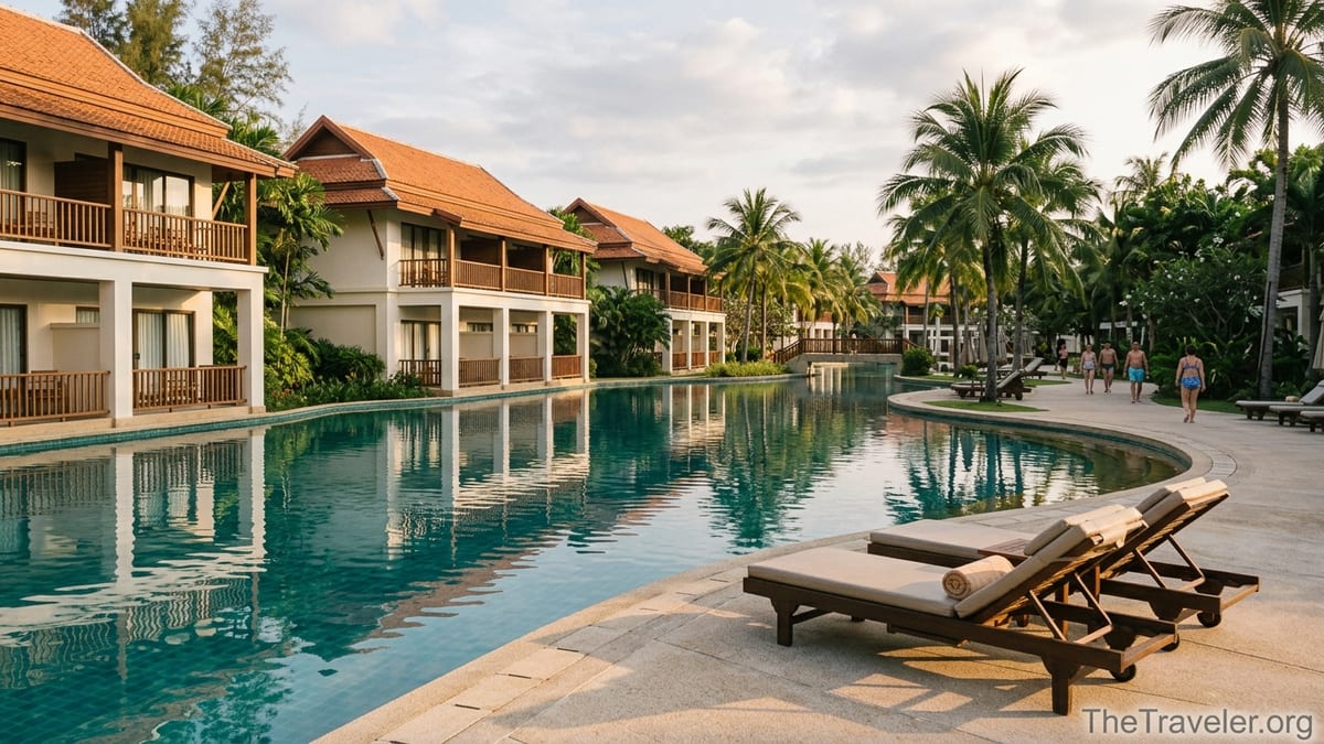 Lagoon pool and Thai style buildings at Marriott Vacation Club Khao Lak at sunset.