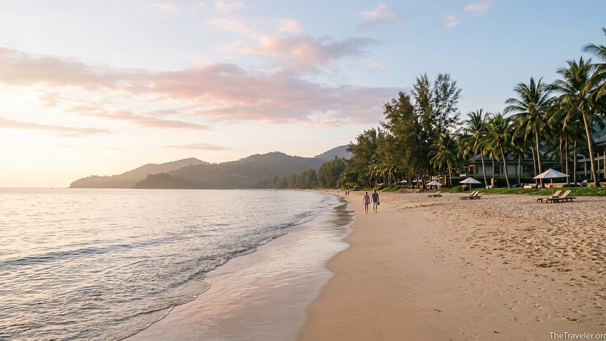 Quiet sunrise on Khuk Khak Beach in Khao Lak with gentle waves and palm-fringed resort backdrop.