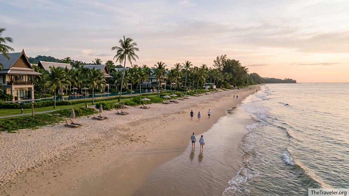 Golden-hour view of Khao Lak beach with calm sea, palm trees and resort buildings in the background.