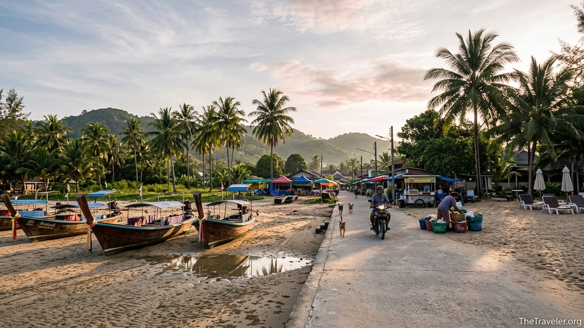 Sunrise view from Khuk Khak Beach toward Khao Lak village with boats and palms.