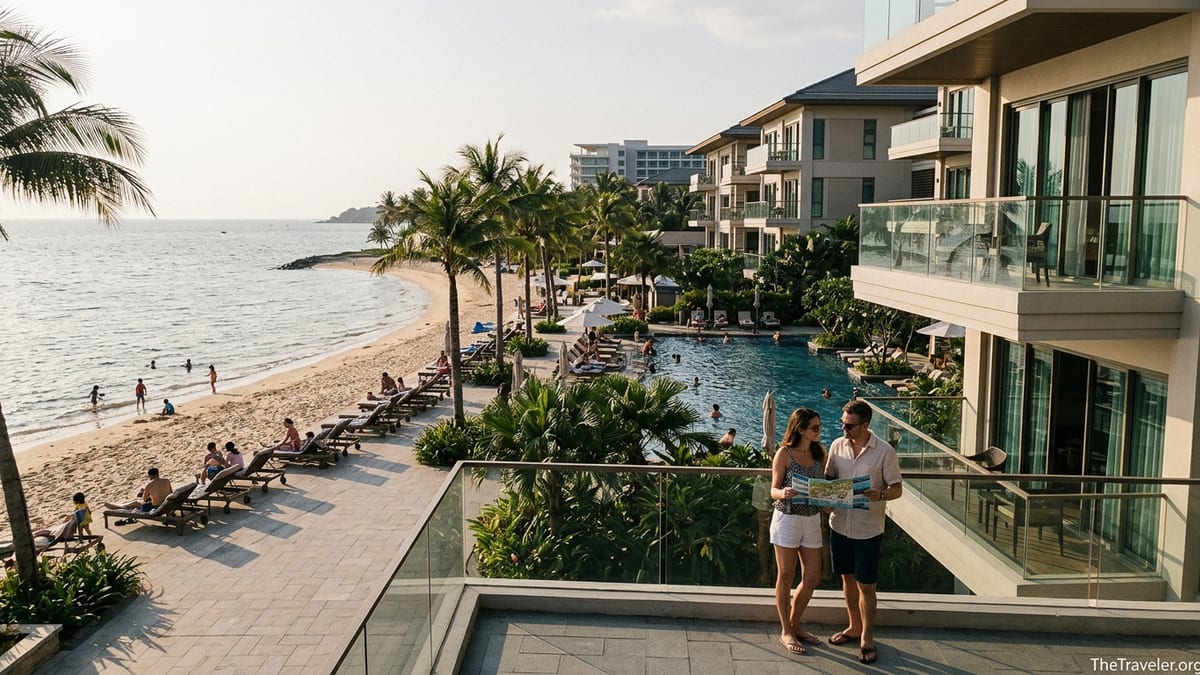 Guests exploring a Marriott-style oceanfront vacation club resort with pool, villas, and beach views.