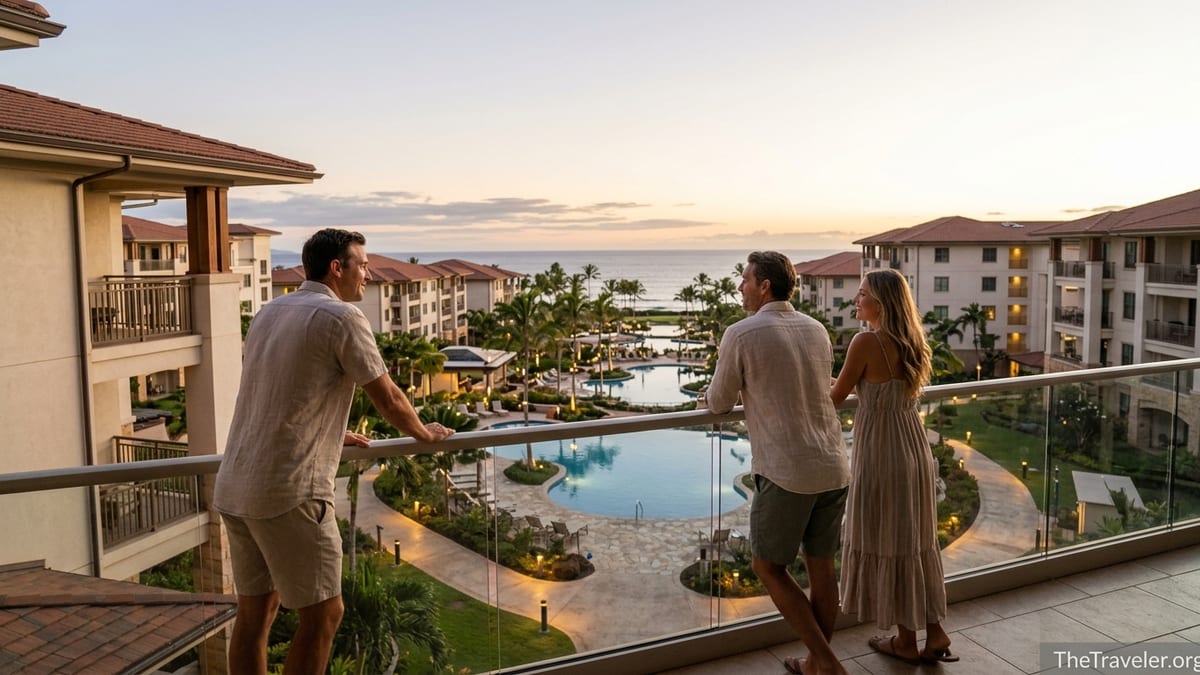 Couple overlooking pools and ocean at a Marriott Vacation Club resort at sunset.