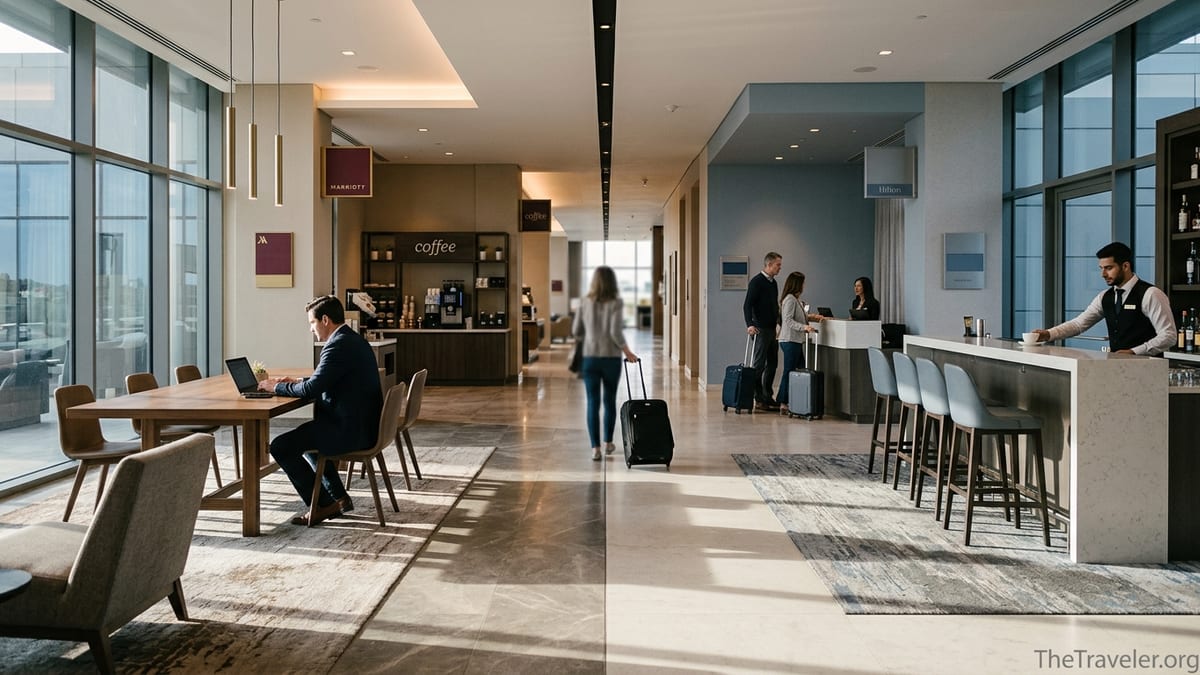 Traveler standing between two contrasting hotel lobbies, choosing between upscale brands.