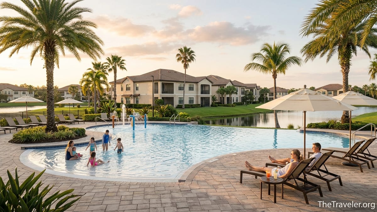 Golden hour view of Marriott’s Grande Vista Orlando pool with families and a relaxing couple.