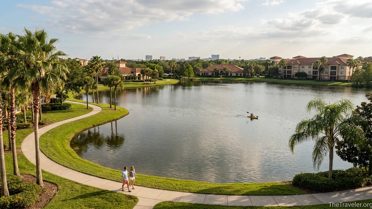 Resort lake and golf fairway near Marriott’s Grande Vista in Orlando on a sunny afternoon.