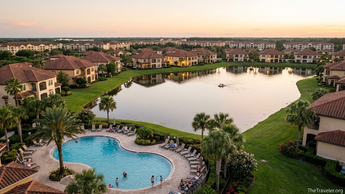 A wide view of Marriott’s Grande Vista Orlando with pool, lake, and villas at sunset.