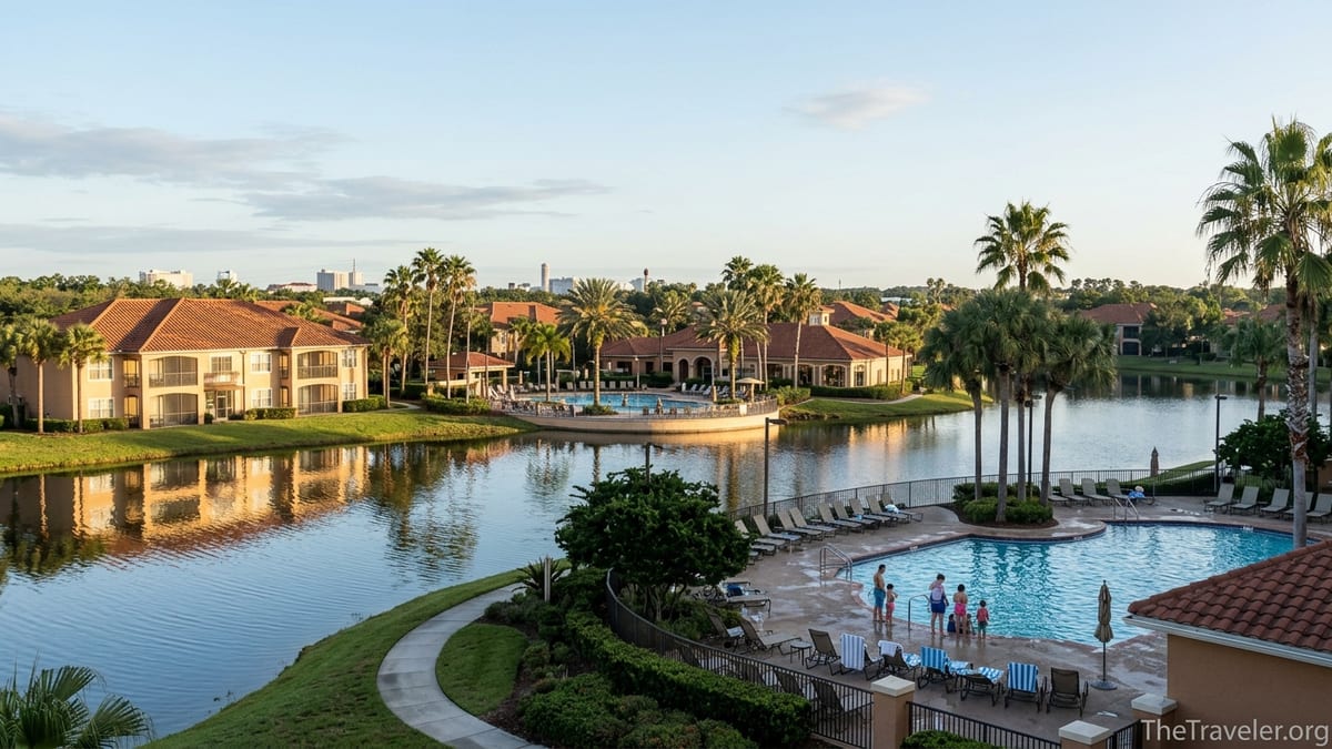 Sunrise view of Marriott’s Grande Vista Orlando with pools, lake, and villa buildings.