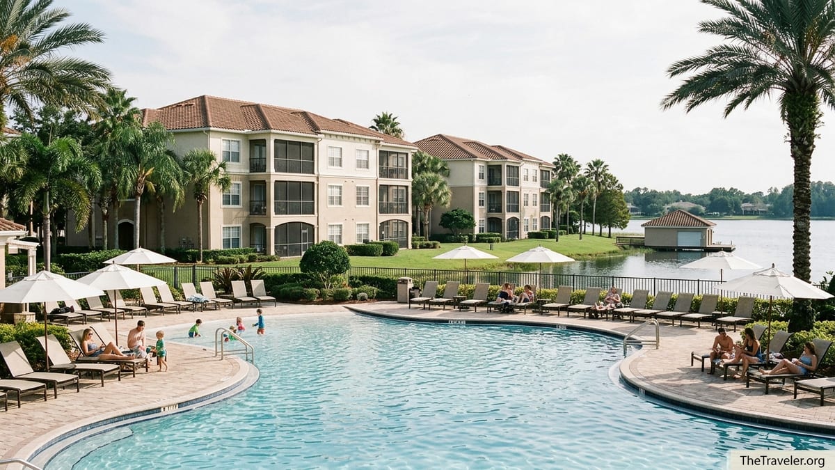 Lakeside pool at Marriott’s Grande Vista Orlando with villas and palm trees.
