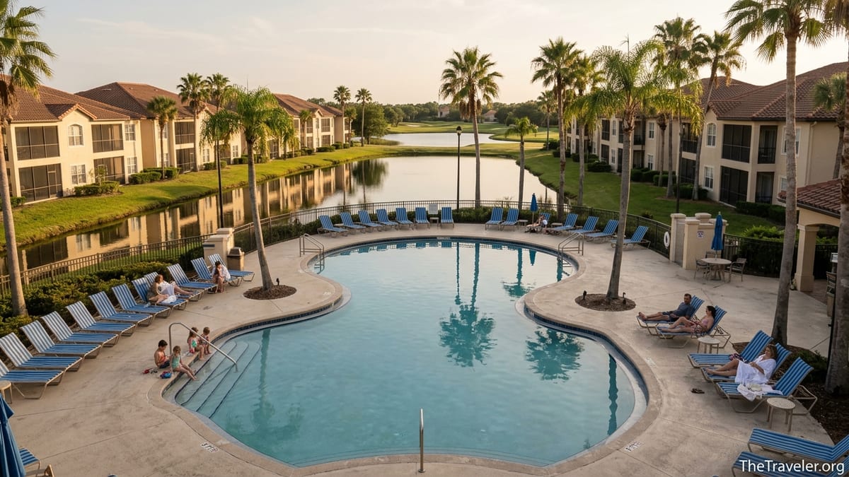 Golden hour view of Marriott’s Grande Vista Orlando pool, villas and palm trees.