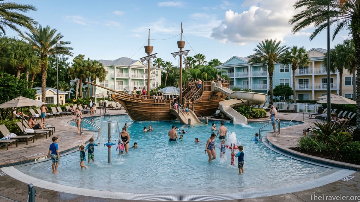 Pirate ship pool and Key West style buildings at Marriott’s Harbour Lake in Orlando on a sunny day.