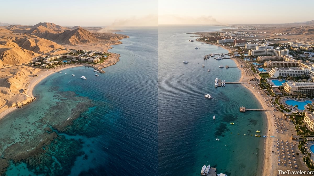 Aerial view of Marsa Alam’s quiet bay and Hurghada’s busy resort strip on Egypt’s Red Sea coast.