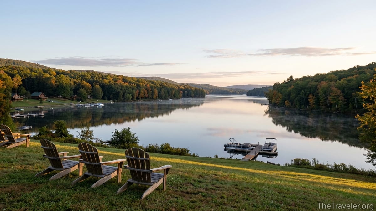 Sunrise over Deep Creek Lake in Western Maryland with chairs facing the calm water and forested hills.