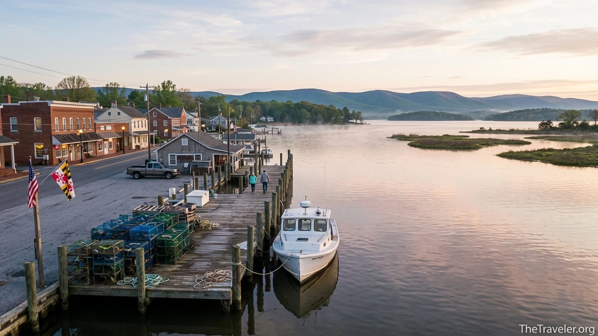 Sunrise over a Maryland harbor with crab pots, small town buildings and distant mountains.