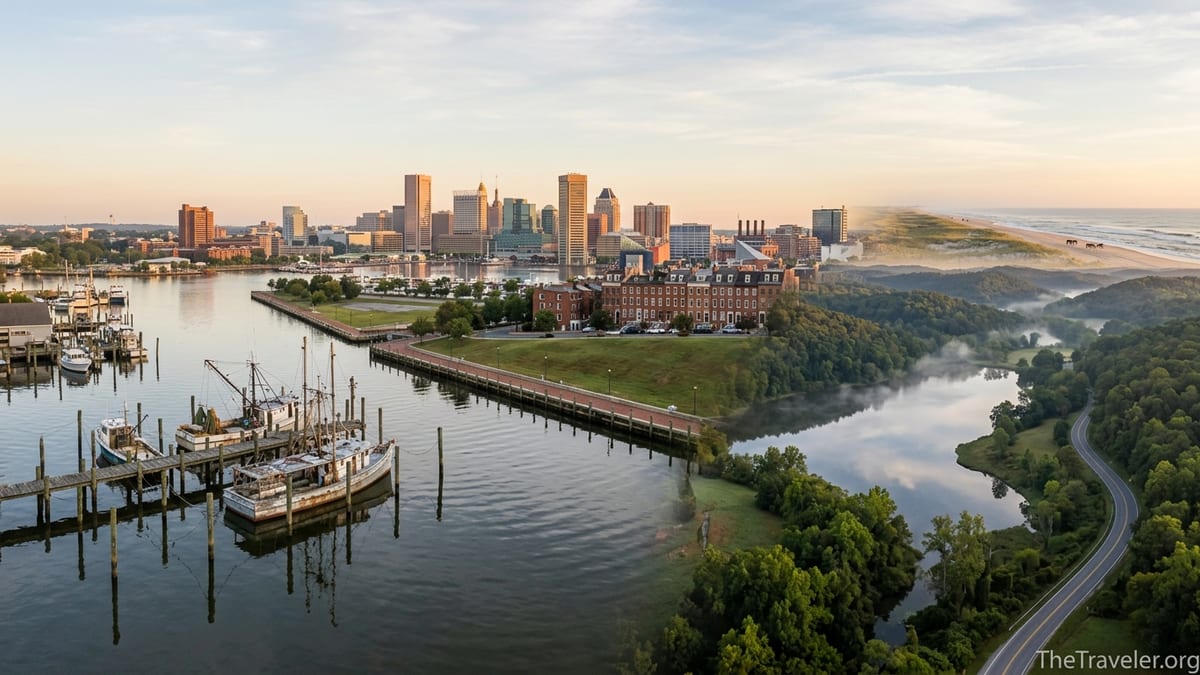 Montage-style Maryland scene showing harbor, city skyline, forested hills, and distant Atlantic beach at sunrise.
