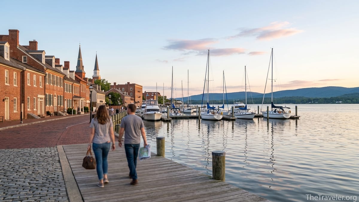 Maryland harbor at sunset with brick waterfront, sailboats, and distant hills.
