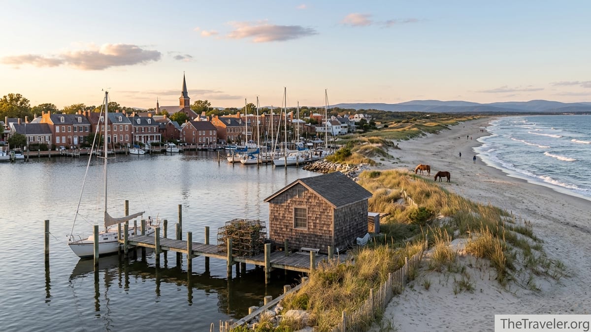 View of Maryland waterfront town, bay dock, and distant dunes at sunset showing the state’s varied landscapes.