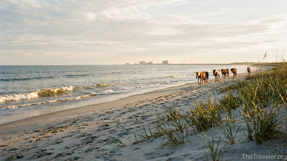 Wild horses walking along a quiet Assateague Island beach at golden hour in Maryland.
