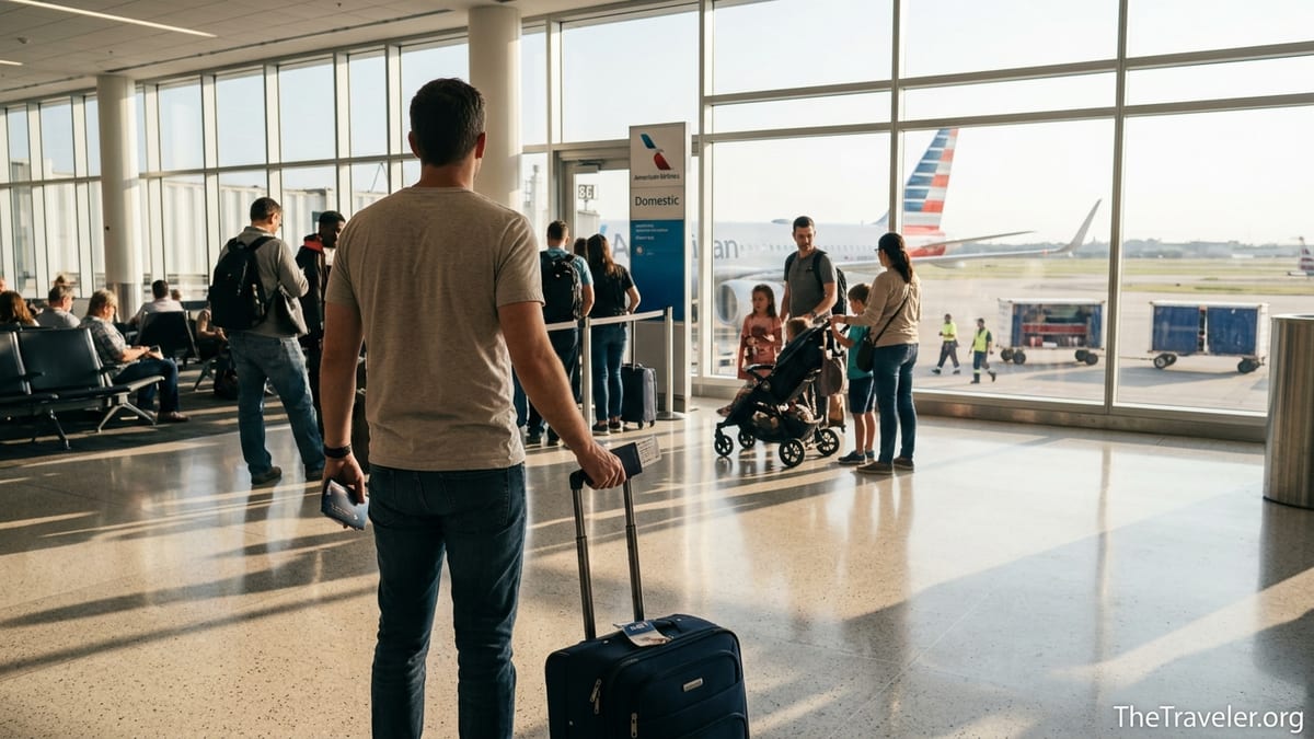 Traveler boarding an American Airlines flight at a busy gate holding a credit card and carry-on bag.