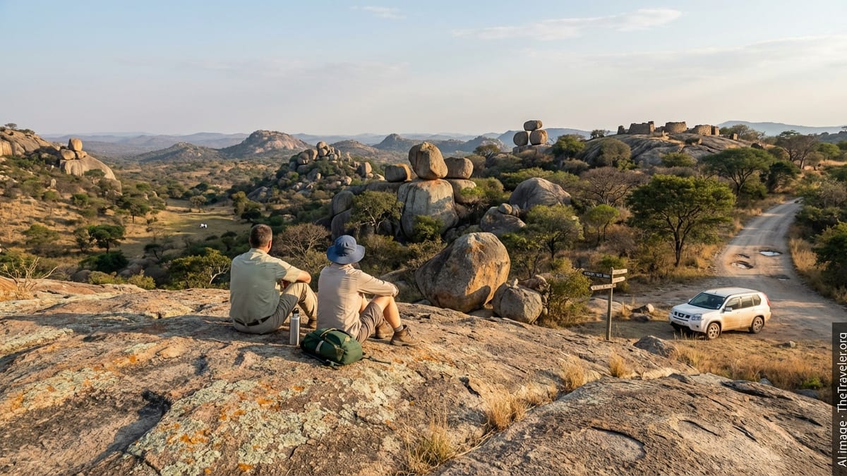 Late afternoon view of Matobo National Park, Zimbabwe, with travelers admiring the landscape.