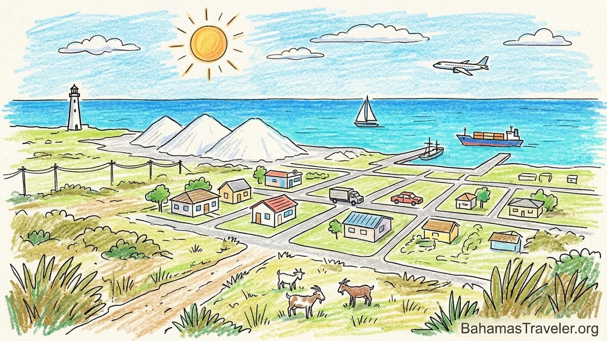 Working harbor and low houses of Matthew Town on Great Inagua with lighthouse and salt ponds in the distance.