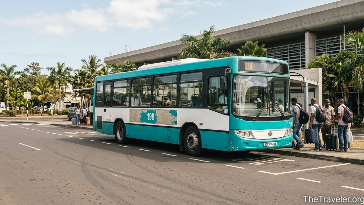 Public bus at Mauritius airport with travelers boarding outside the terminal.