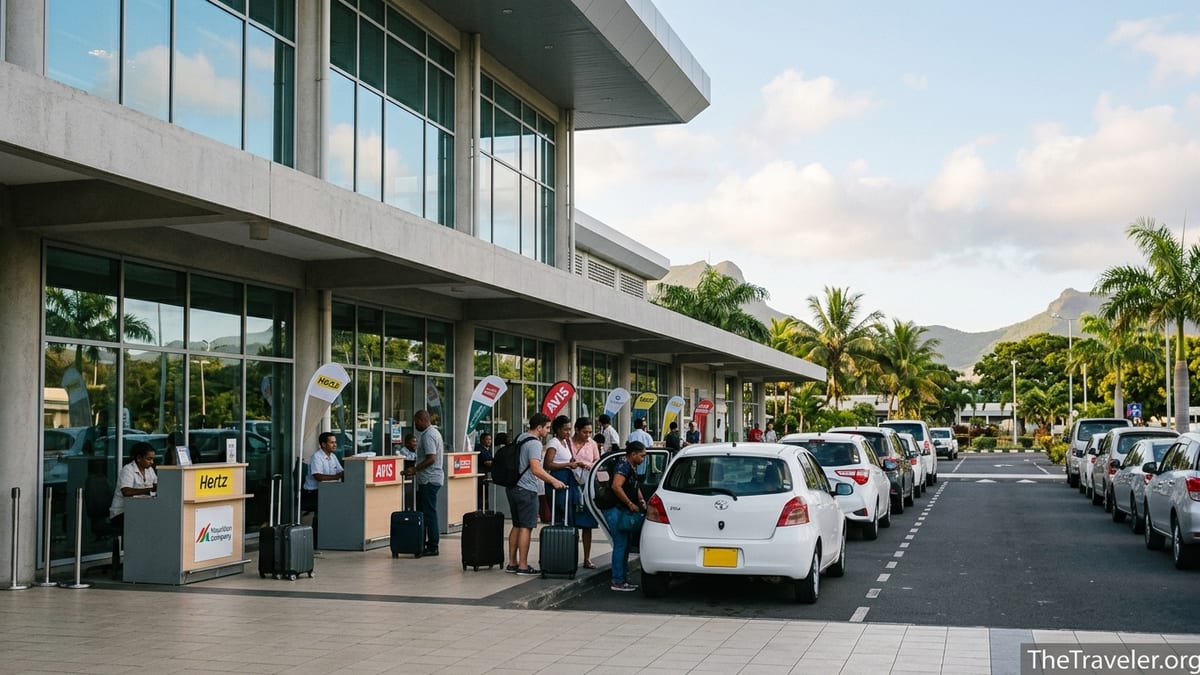 Travelers picking up rental cars outside Mauritius SSR International Airport terminal.