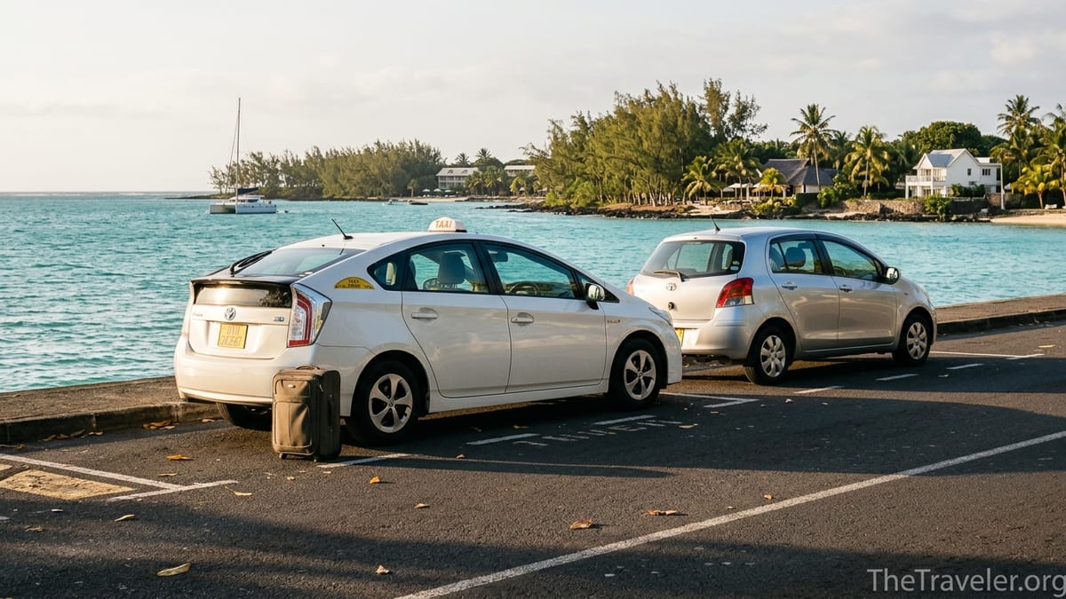 Taxi and rental car on coastal road above Grand Baie lagoon at sunset in Mauritius.