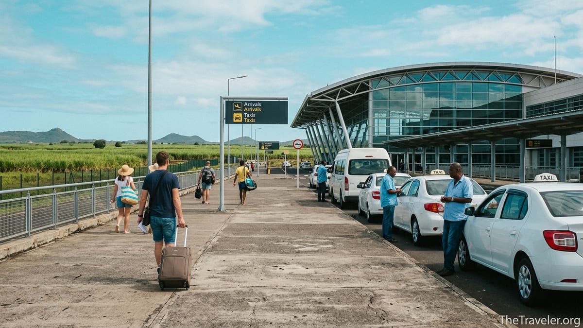 Travelers exiting Mauritius SSR International Airport toward taxi and shuttle pick-up area in daylight.