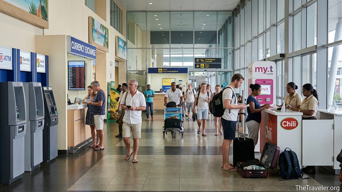Arrivals hall at Mauritius SSR Airport with SIM kiosks, ATMs and currency exchange counters.