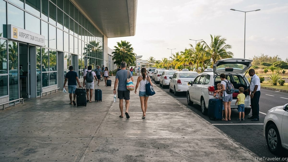 Travelers walking from Mauritius SSR airport arrivals to official taxis lined up outside.
