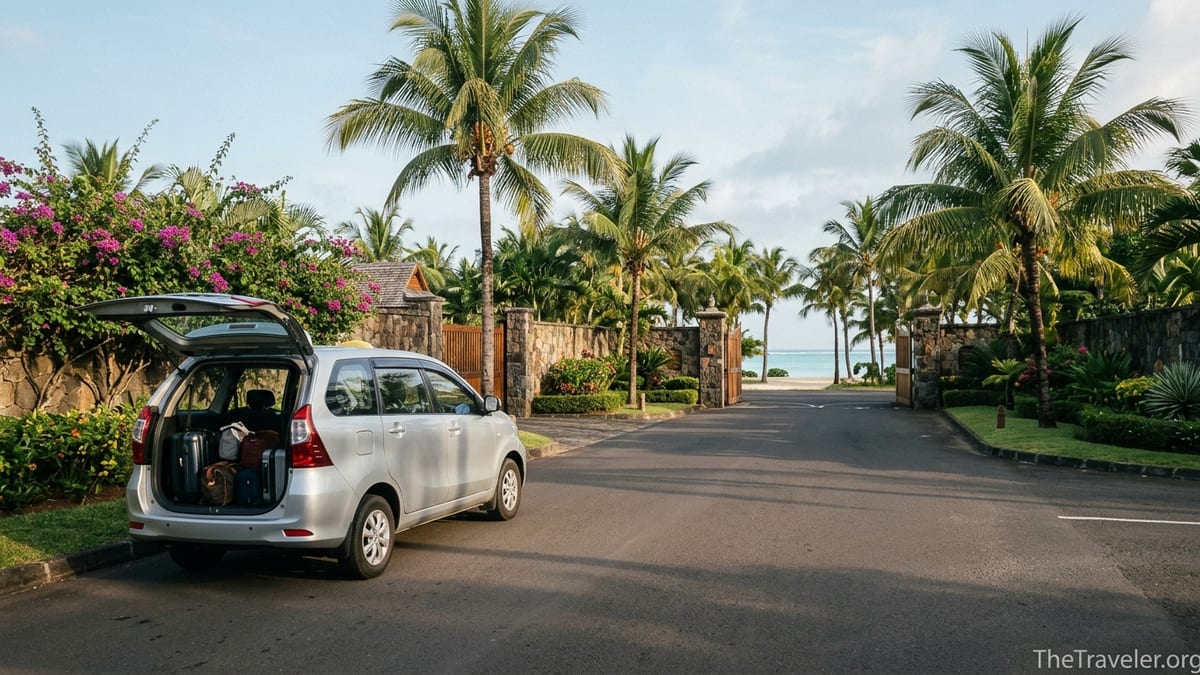 Taxi with open trunk outside a palm-lined Belle Mare resort entrance at sunrise in Mauritius.