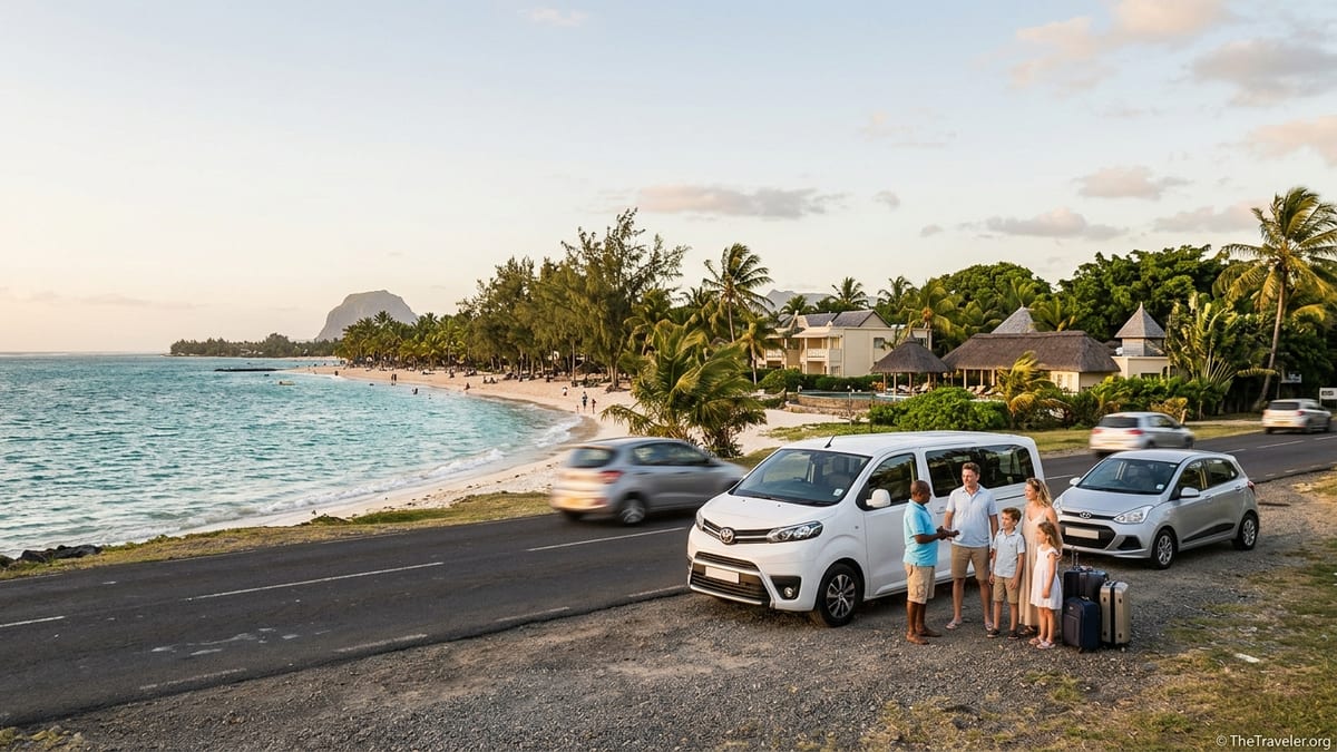 Taxi and rental car on coastal road near Flic en Flac with family arriving and beach in background.