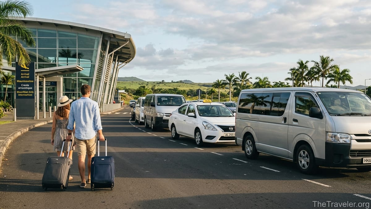 Travellers with suitcases walking toward taxis and minibuses outside Mauritius SSR airport.