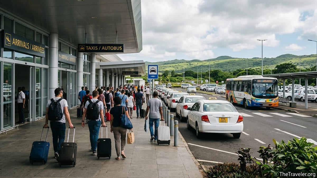 Travelers exiting Mauritius SSR International Airport toward taxis and a local bus to Port Louis.