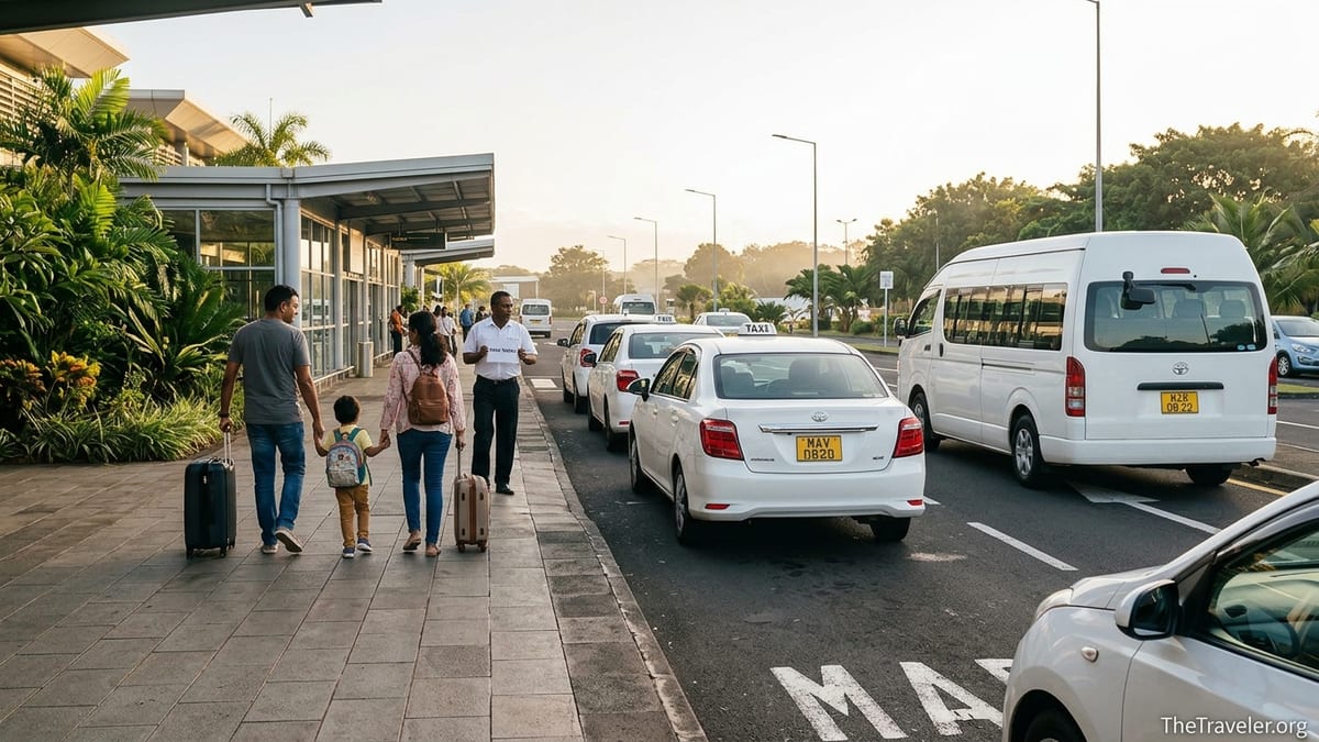 Family walking from Mauritius airport toward private taxis and shuttle in late afternoon light.