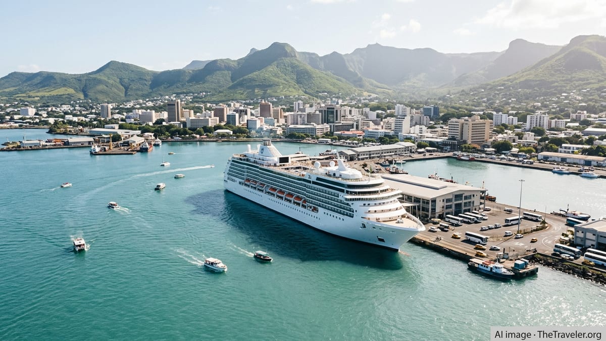 Cruise ship docked at Port Louis harbor in Mauritius with city and green mountains behind.