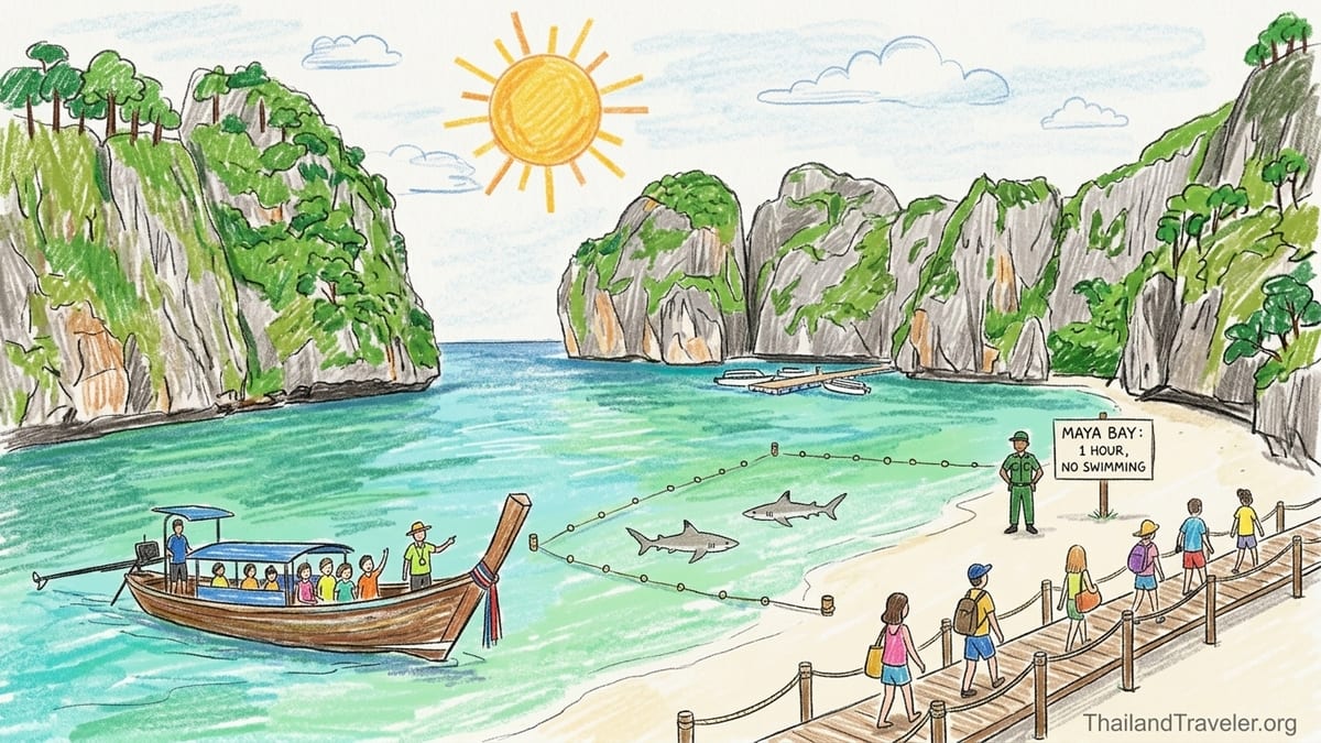 Early morning view of Maya Bay’s cliffs and turquoise water with tourists wading behind a no swimming rope line.