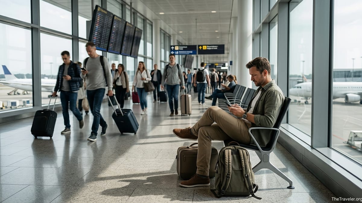 Traveler in an airport using a smartphone eSIM with planes visible outside large windows.