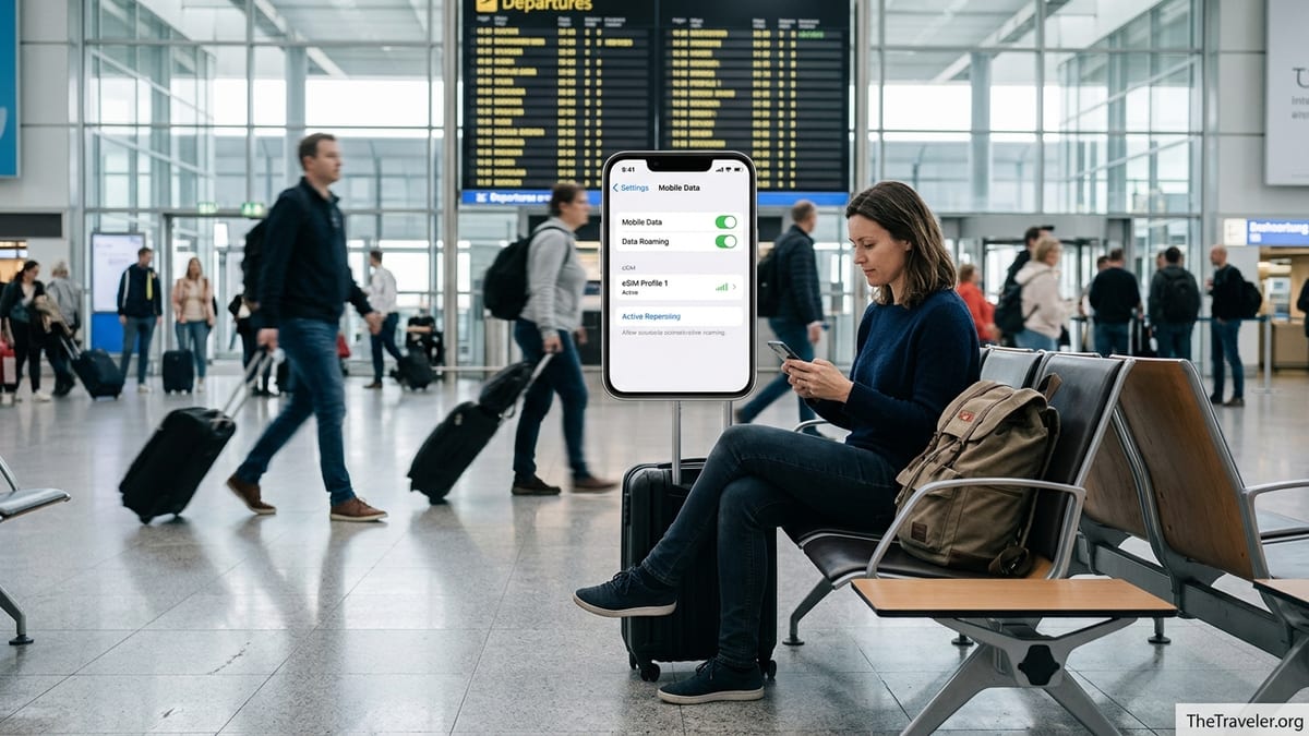 Traveler in airport checking eSIM settings on phone before an international flight.